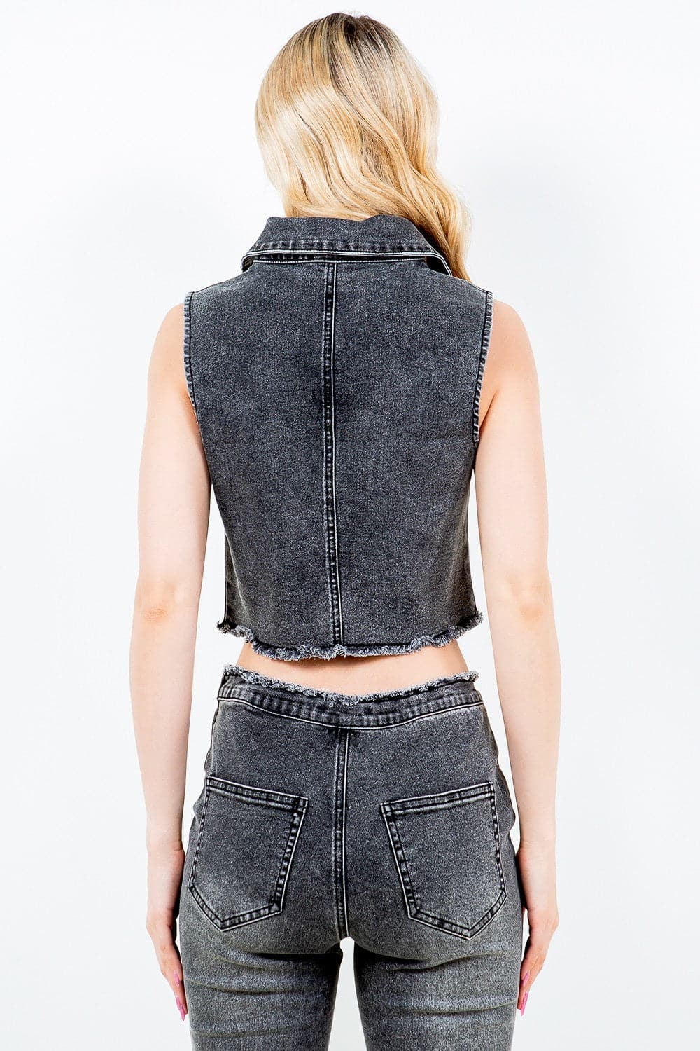 Trendy cropped denim vest with zipper front and raw hem