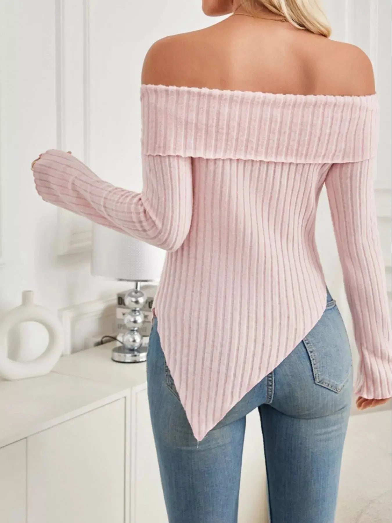Off Shoulder Ribbed Knit Top Long Sleeves Soft Stretchy Viscose Blend Simply Love