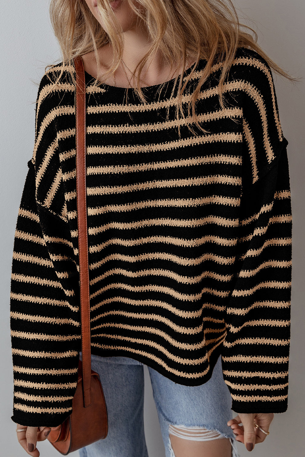 Trendy Black Striped Oversized Round Neck Sweater