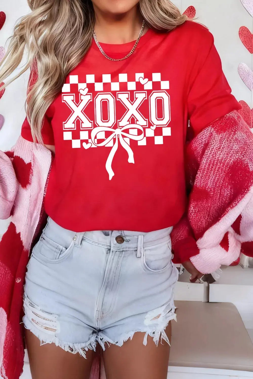 XOXO Checkered Ribbon Bow Print Valentines Day T Shirt Simply Love