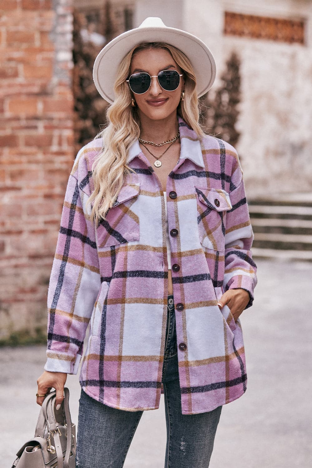 Plaid Long Sleeve Shirt Jacket with Pockets.