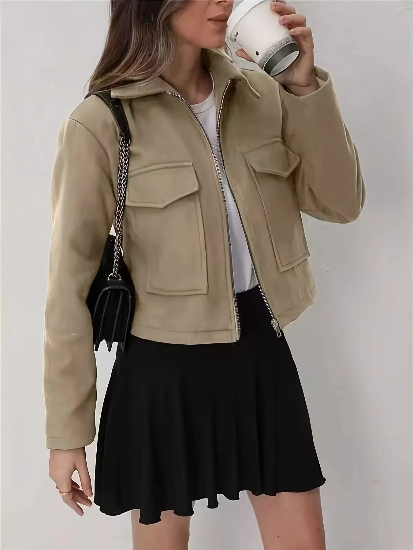 Cropped Zip-Up Pocketed Jacket Simply Love