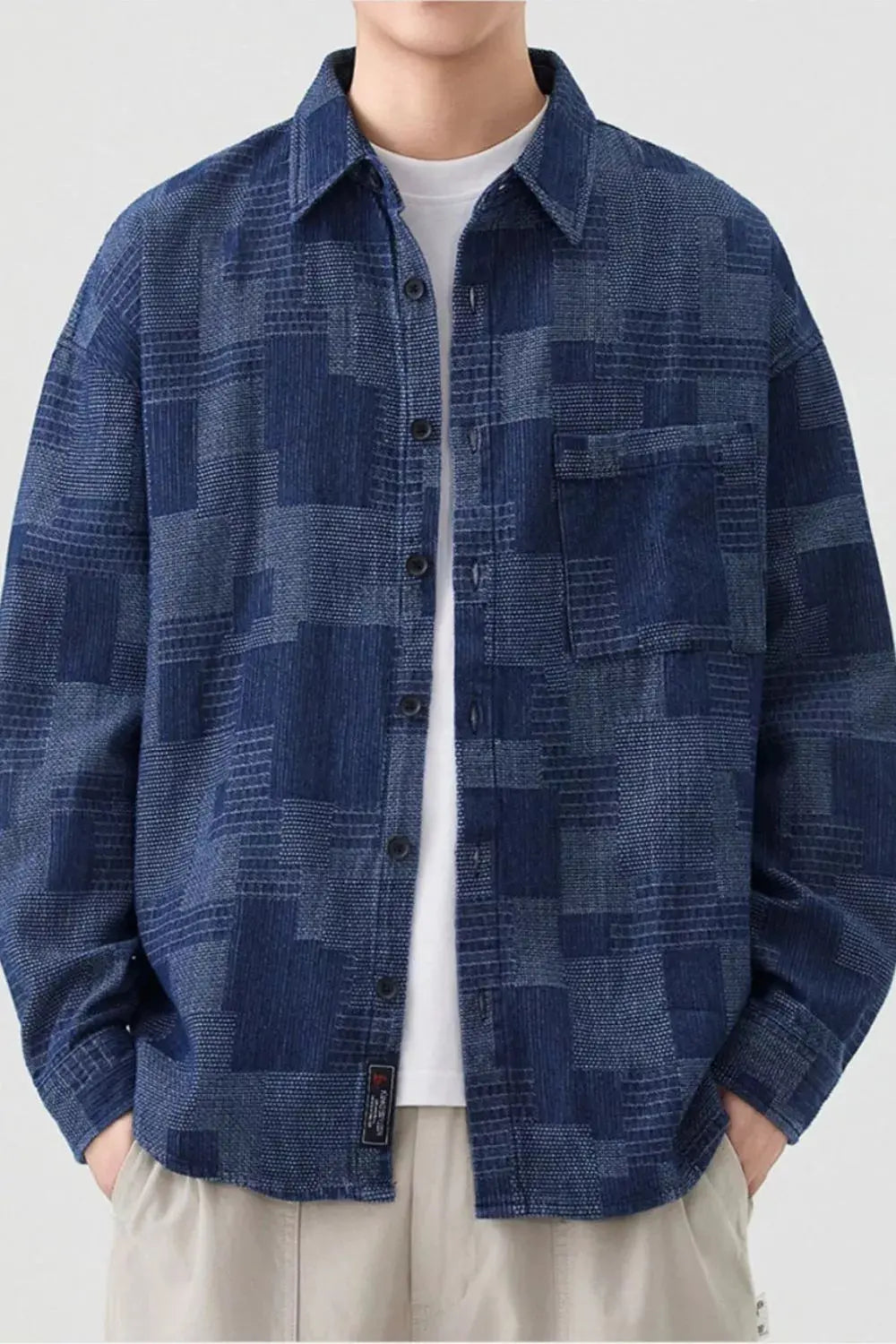 Men's Plus Size Patchwork Denim Casual Button Up Shirt Simply Love