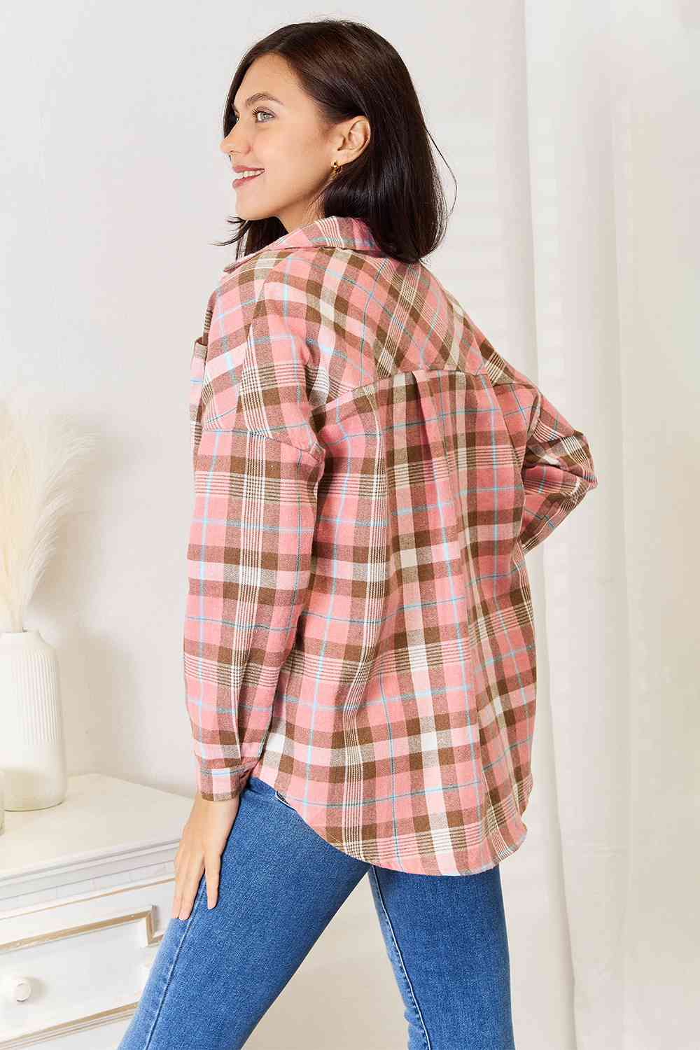 Double Take Plaid Collared Neck Long Sleeve Button-Up Shirt - Love Salve