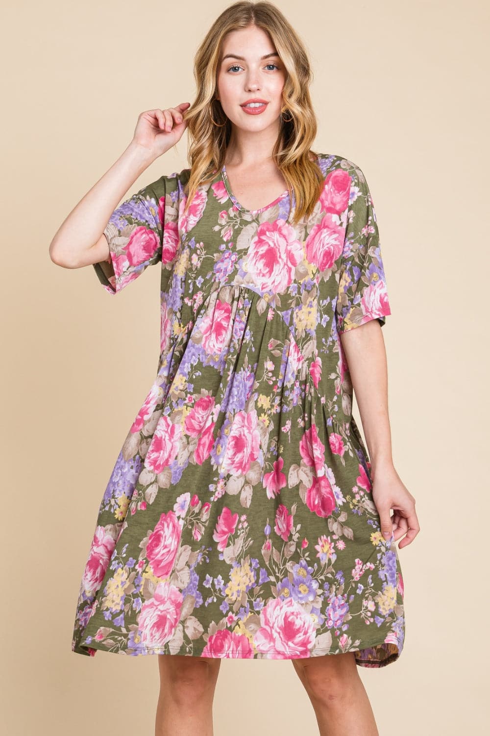 BOMBOM Flower Print V-Neck Ruched Dress.