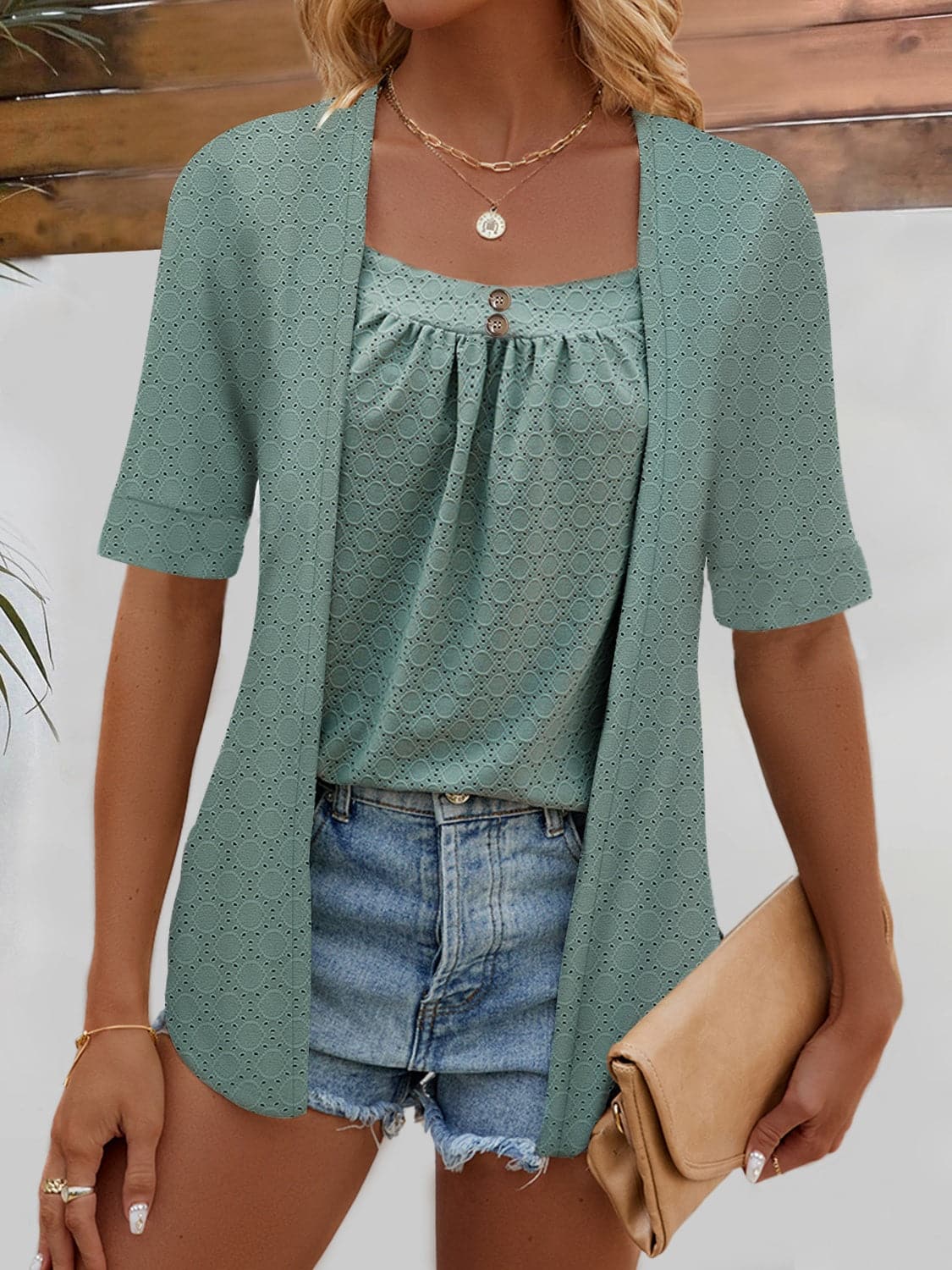 Full Size Faux Layered Decorative Button Half Sleeve Blouse.