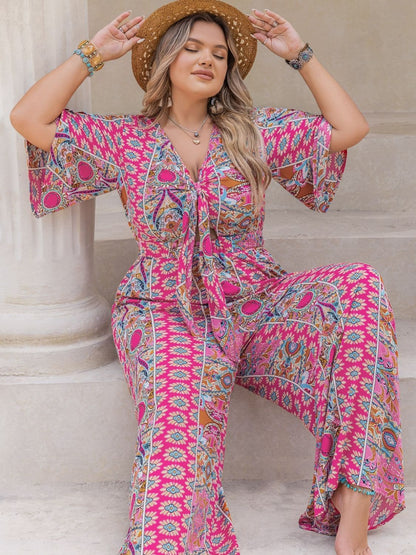 Plus Size Printed Half Sleeve Wide Leg Jumpsuit.