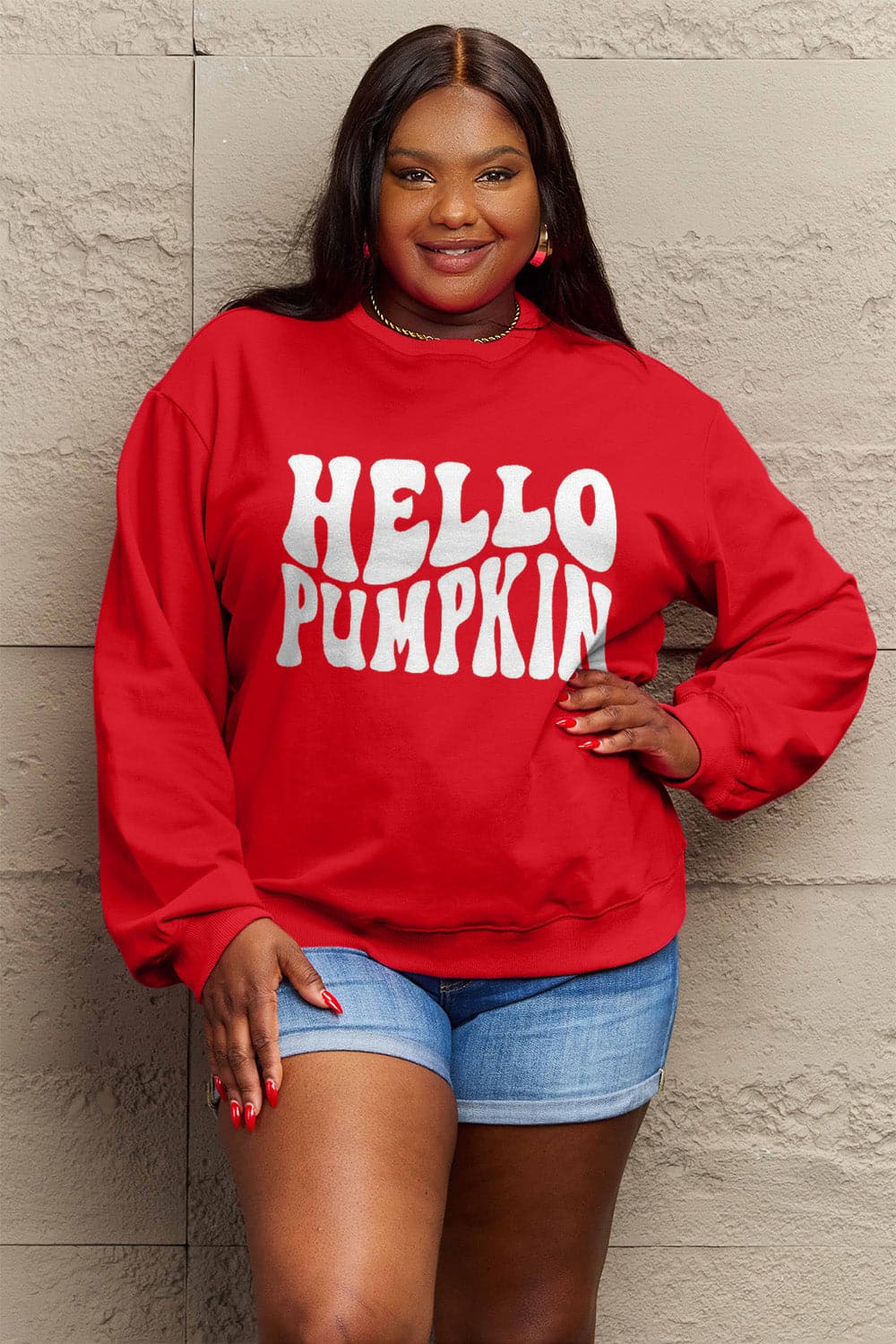 Simply Love Full Size HELLO PUMPKIN Graphic Sweatshirt.