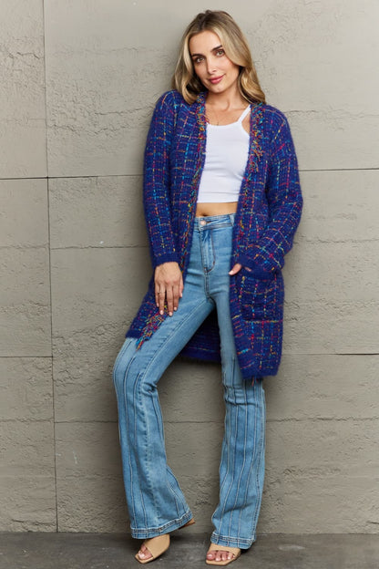 Plaid Fringe Trim Open Front Longline Cardigan.