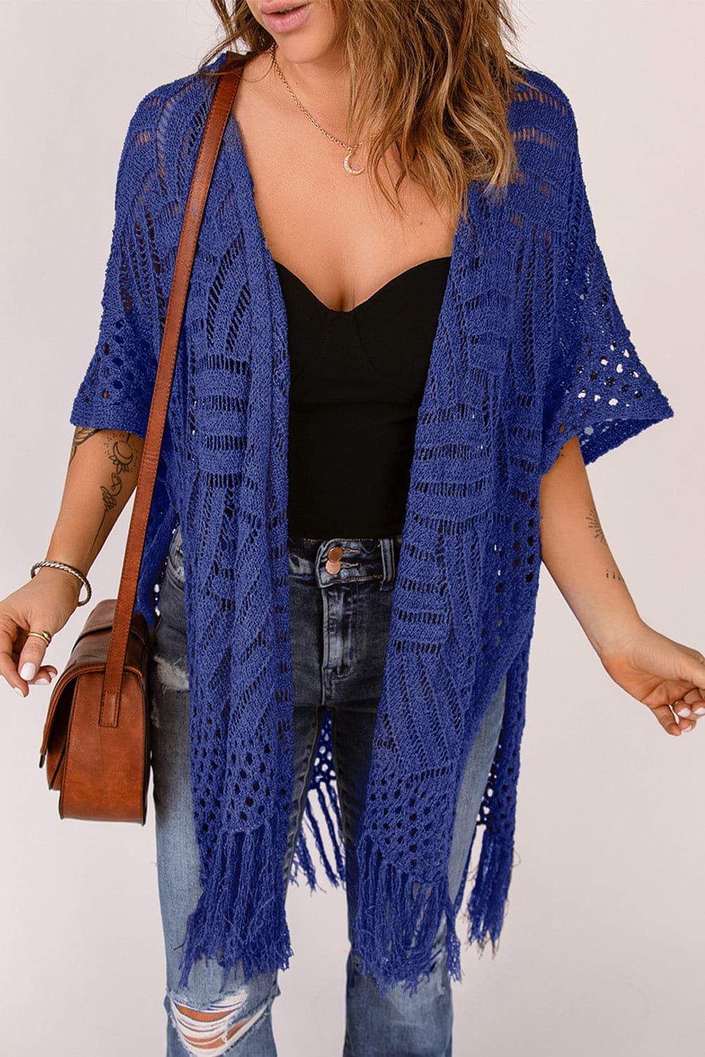 Openwork Open Front Cardigan with Fringes.