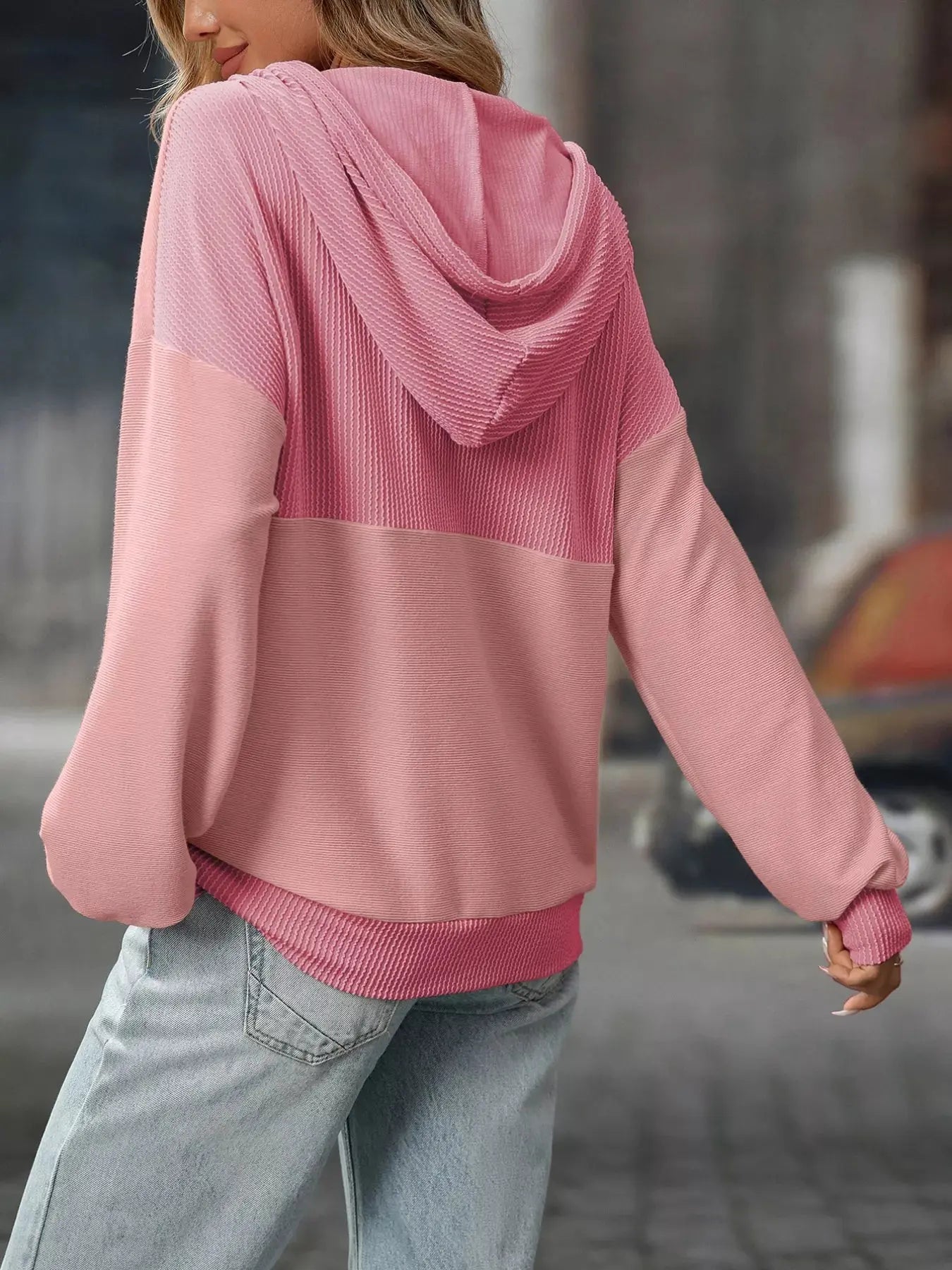 Casual Color Block Button Detail Hoodie Simply Love