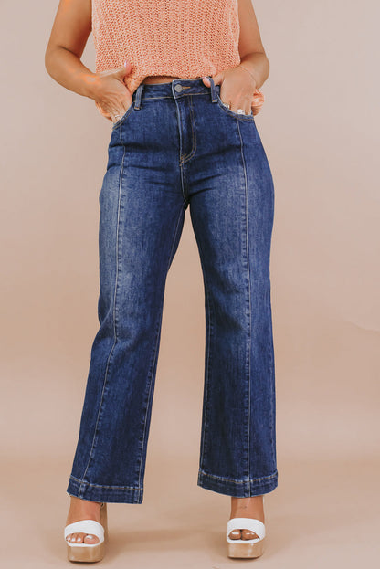 Trendy navy blue plus size high waist wide-leg jeans with seamed detailing