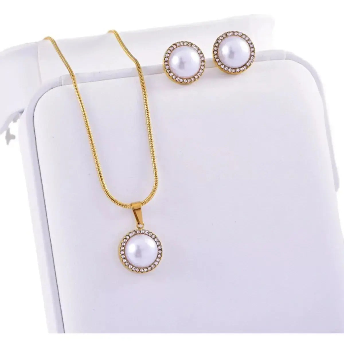 Synthetic Pearl 18K Gold-Plated Rhinestone Necklace and Earrings Jewelry Set Simply Love