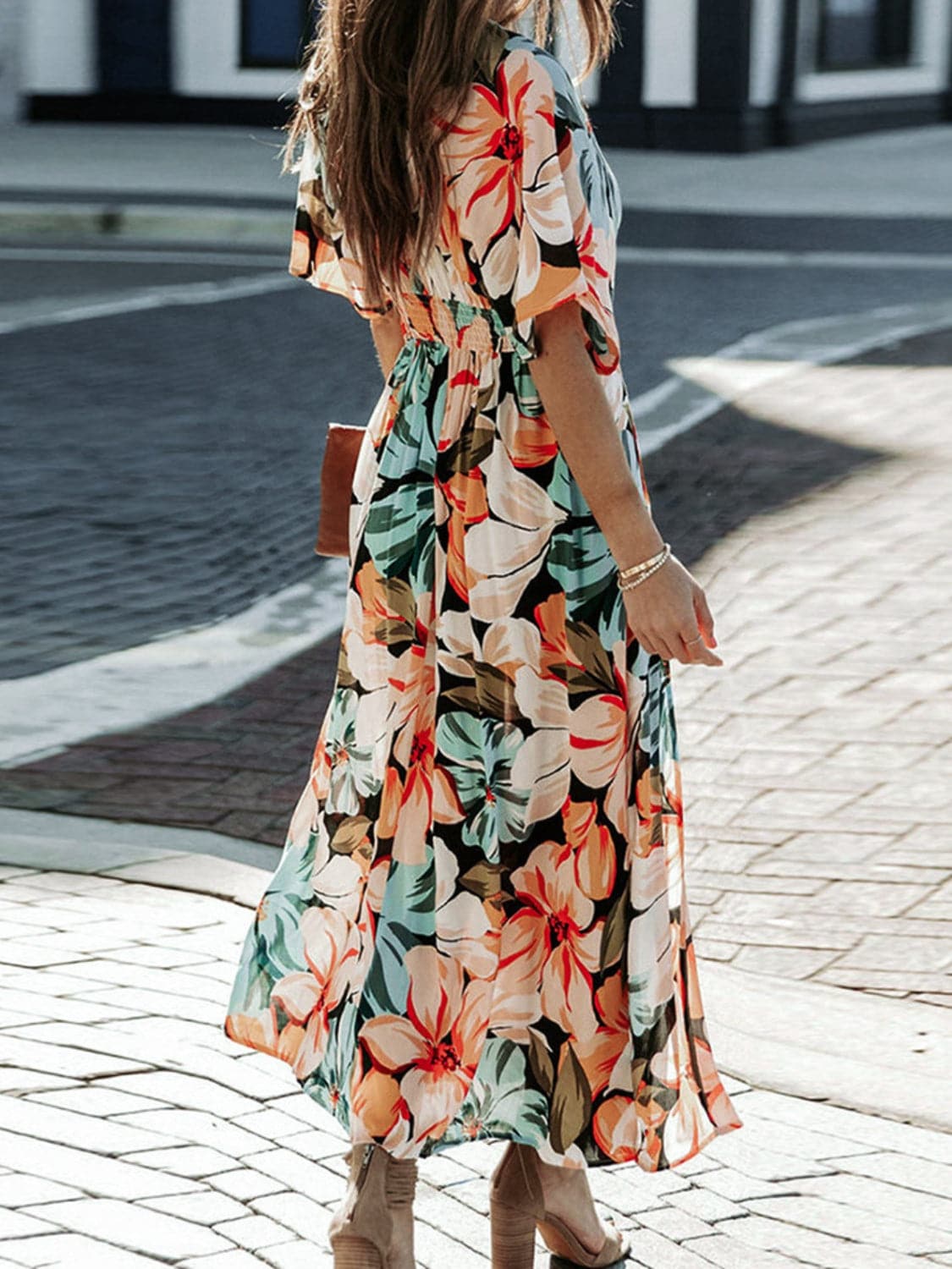 Floral Plunge Half Sleeve Dress.