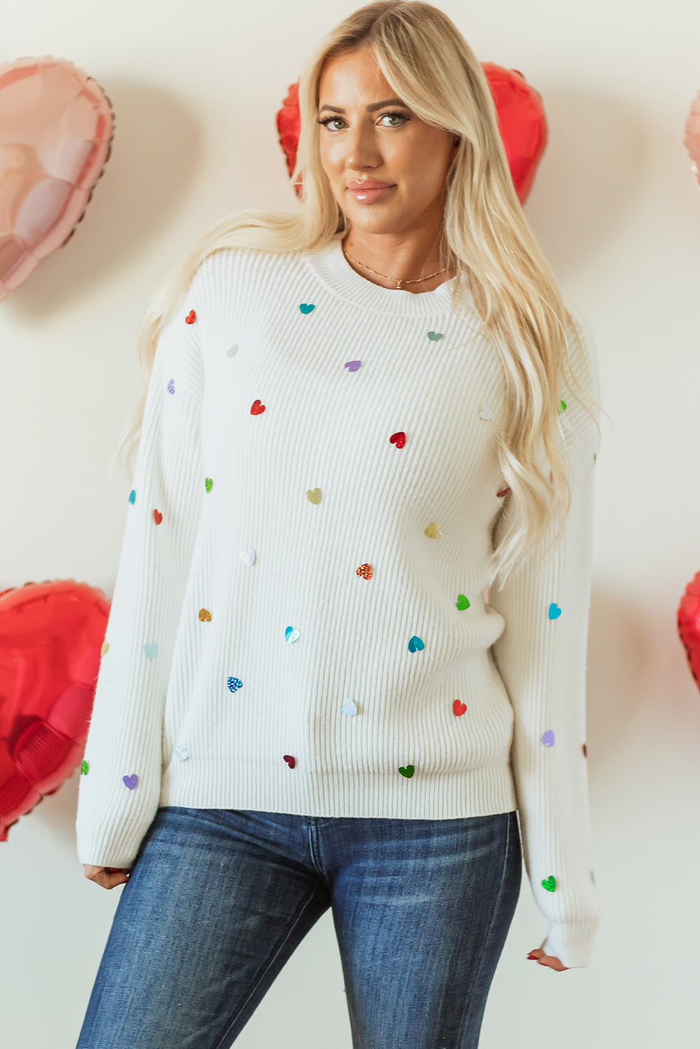 Beige Heart Sequin Waffle Knit Sweater with Round Neck