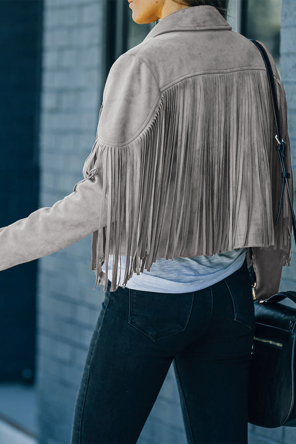 Gray Cropped Fringe Faux Suede Jacket For Women Lightweight Casual Dear-Lover Dropshipping