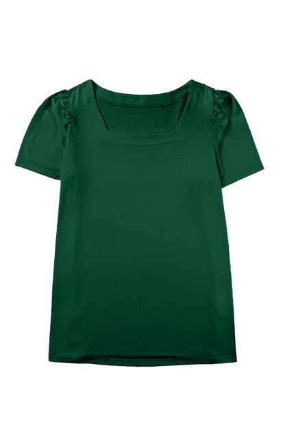 Chic green plus size square neck top with ruched shoulders