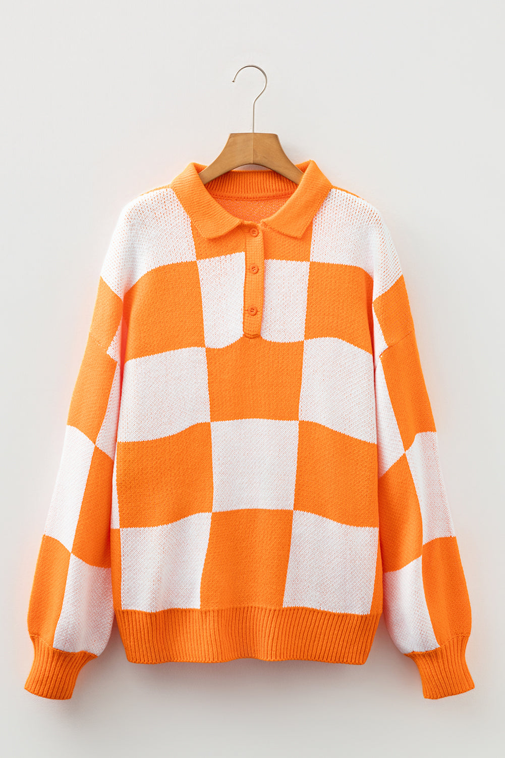 Grapefruit Orange Checkered Polo Collar Loose Sweater Dear-Lover Dropshipping