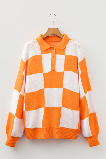 Grapefruit Orange Checkered Polo Collar Loose Sweater