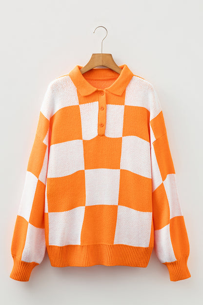 Grapefruit Orange Checkered Polo Collar Loose Sweater