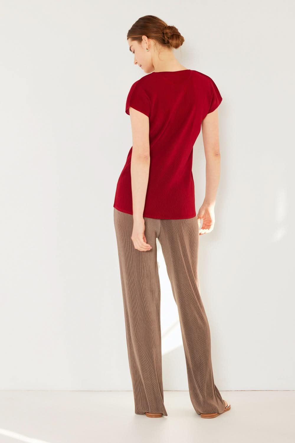 Ribbed Pleated Wide-Leg Trousers with Elastic Waist