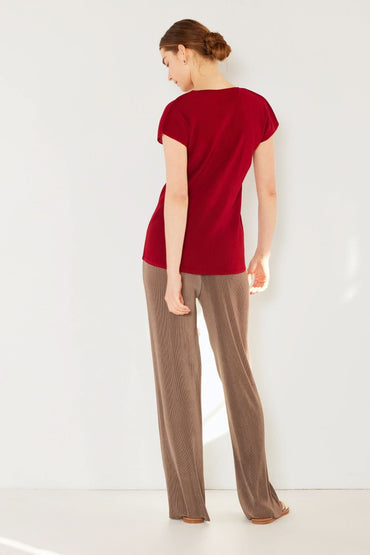 Ribbed Pleated Wide-Leg Trousers with Elastic Waist