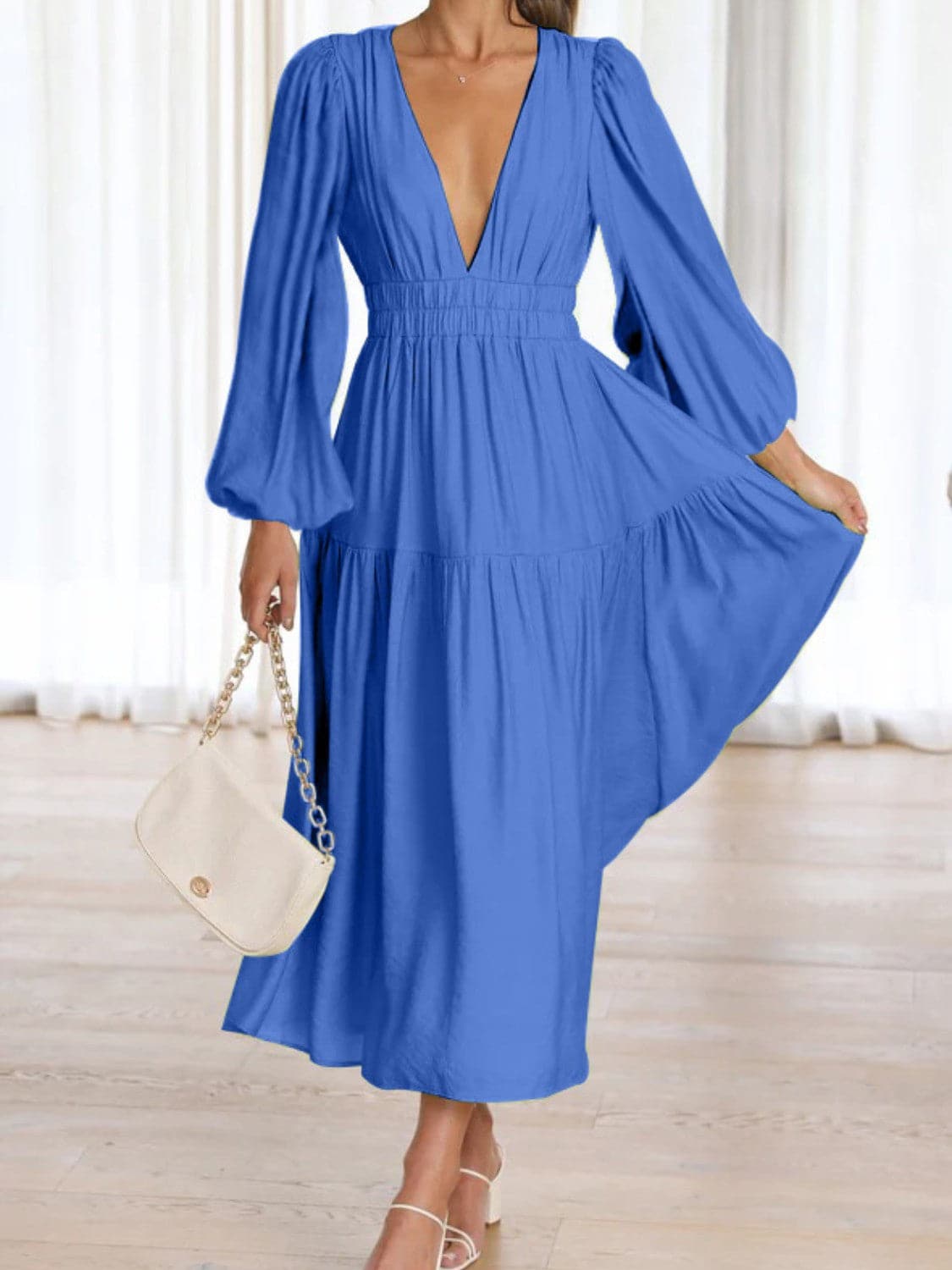 Deep V-Neck Balloon Sleeve Plain Maxi Dress.