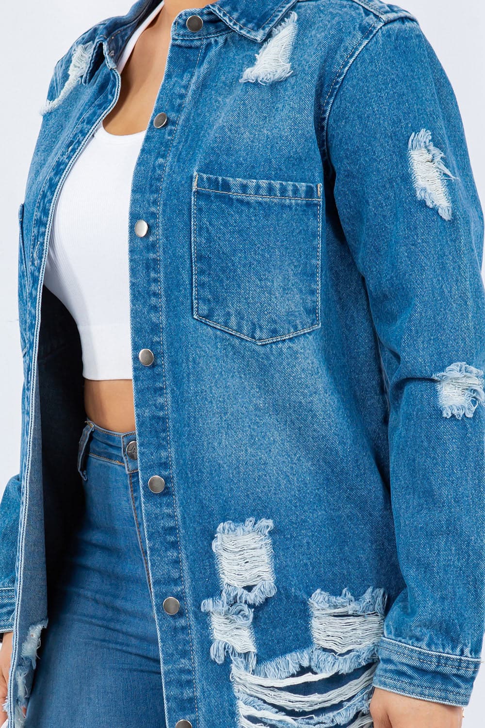 Distressed denim button-up jacket