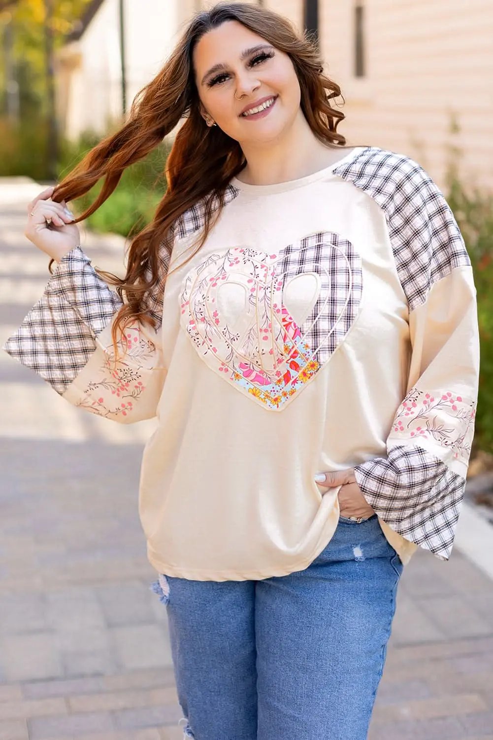 Beige Plaid Floral Peace Heart Graphic Wide Long Sleeve Top - Love Salve 