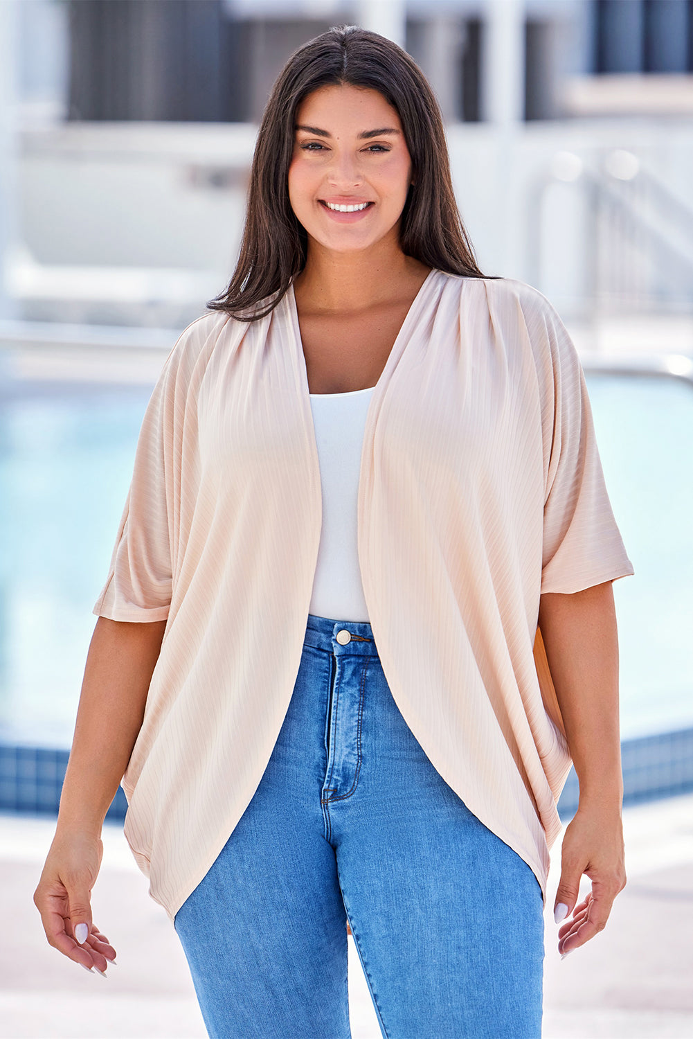 Apricot shimmer ribbed texture cardigan for plus sizes