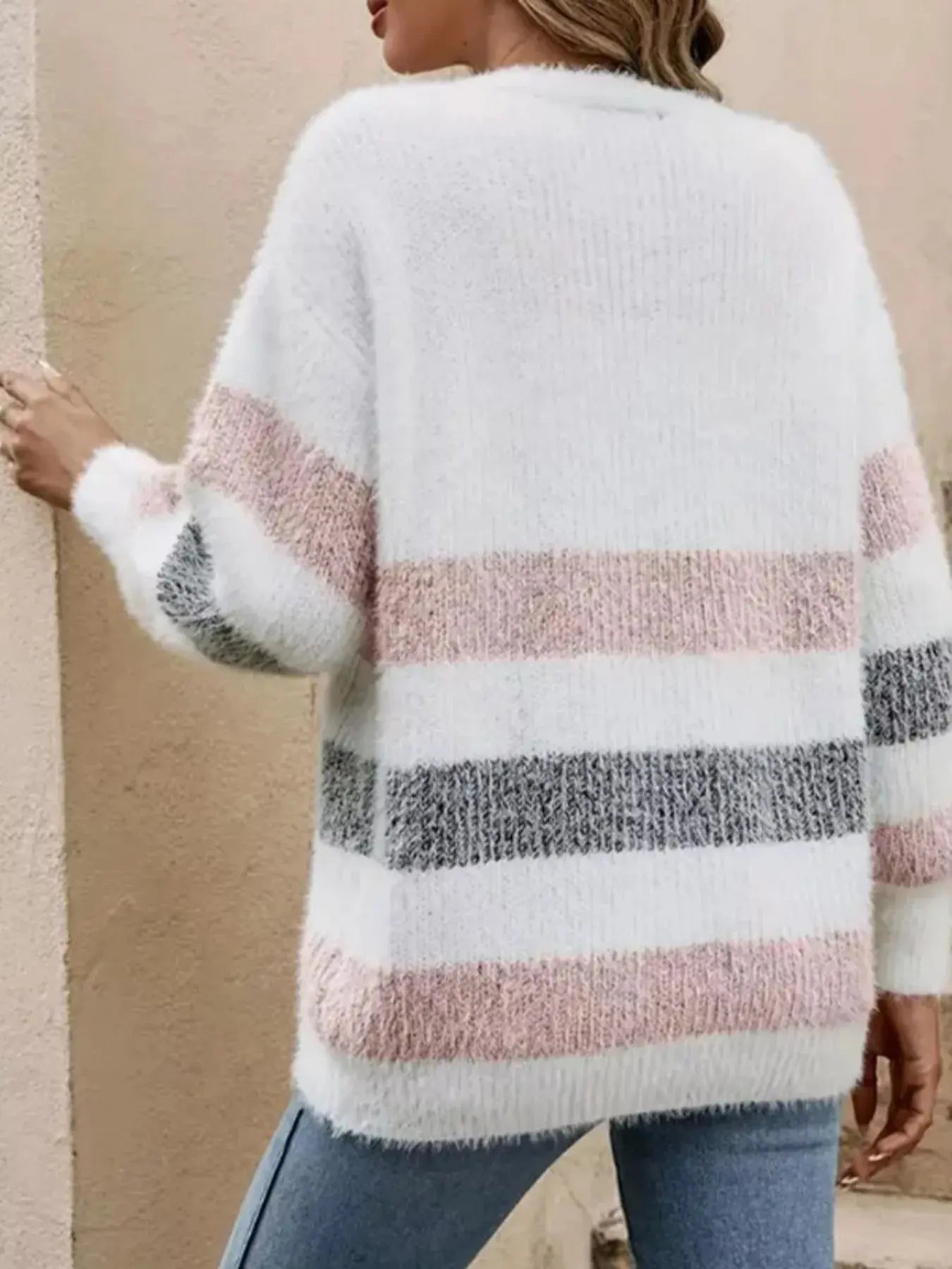 Striped Fuzzy Knit Cardigan Button Up For Women Oversized Simply Love