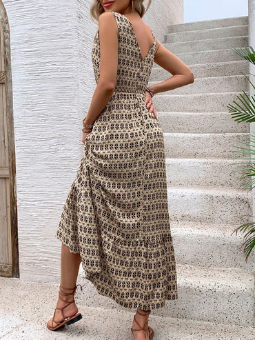 Printed V-Neck Tie Waist Midi Dress.