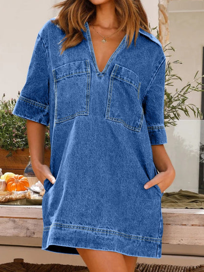 Johnny Collar Half Sleeve Denim Dress.