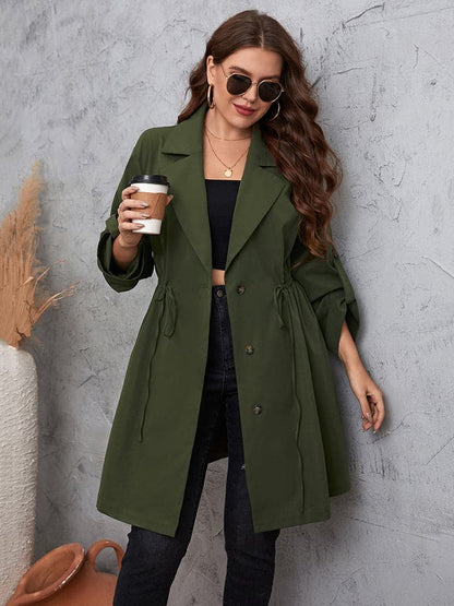 Plus Size Lapel Collar Roll-Tab Sleeve Trench Coat.