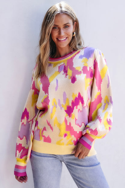 Khaki colorblock balloon sleeve sweater with vibrant abstract print