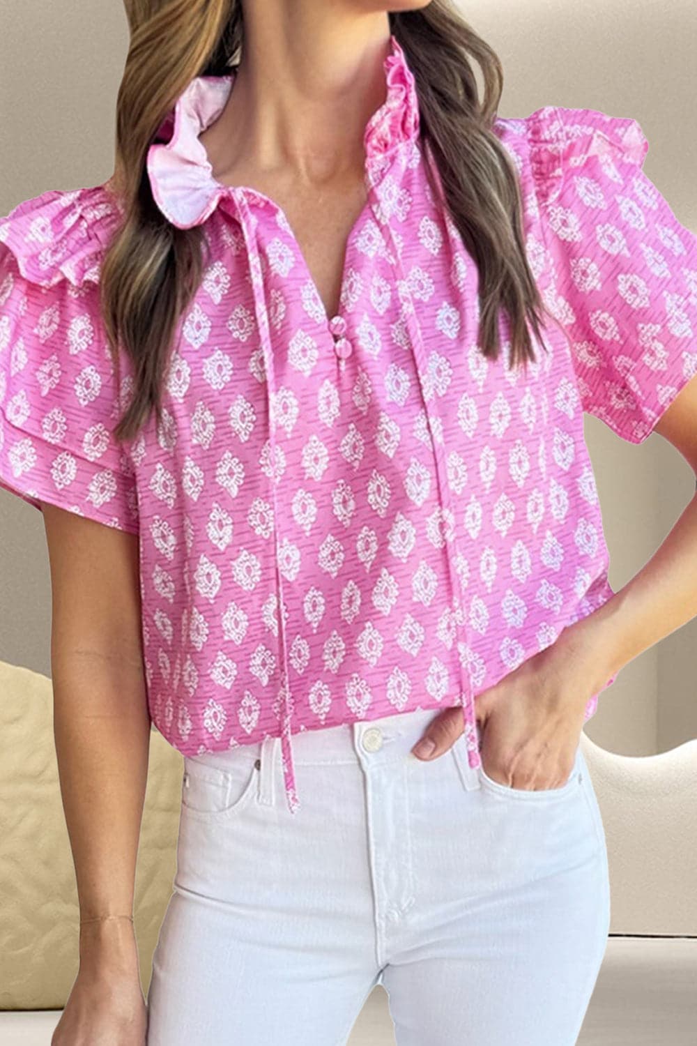 Ruffled Printed Tie Neck Short Sleeve Blouse.