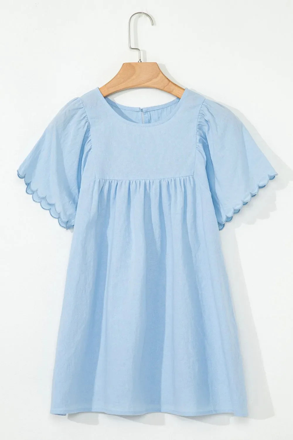 Solid Color Embroidered Scalloped Sleeves Crew Neck Blouse