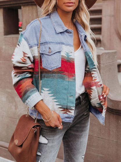 Chic geometric print denim jacket with long sleeves