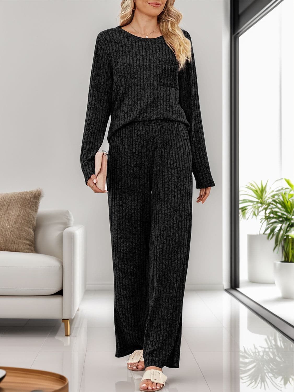 Cozy two-piece round neck top and pants ensemble