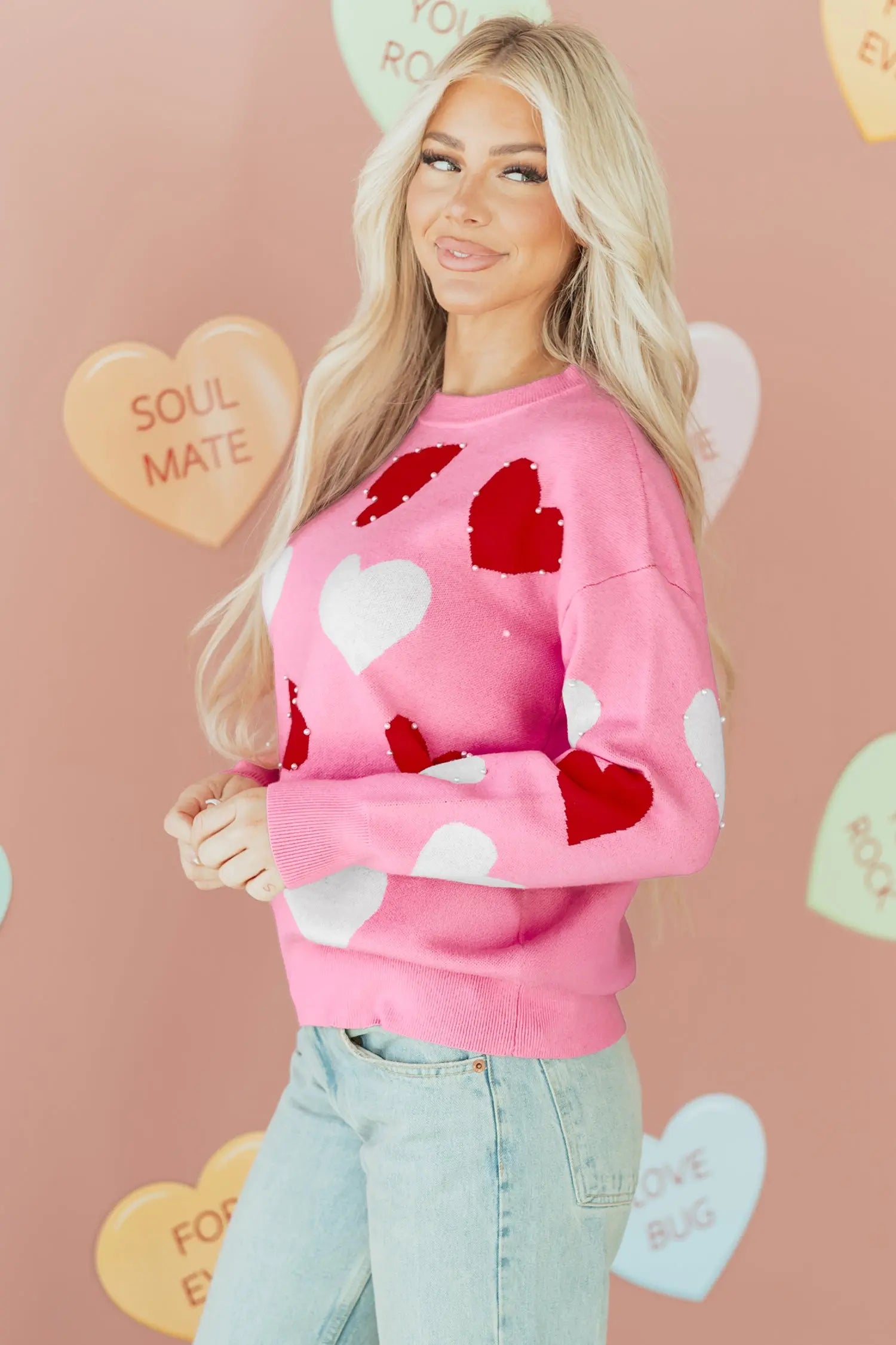 Pink Pearl Embellished Heart Pattern Valentines Day Knit Sweater Dear-Lover Dropshipping