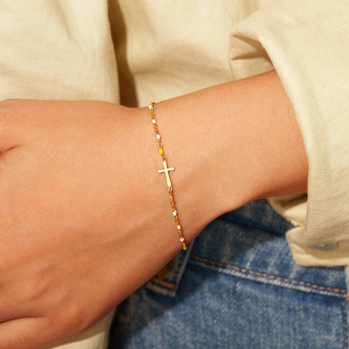 18K Gold-Plated Cross Bead Bracelet.