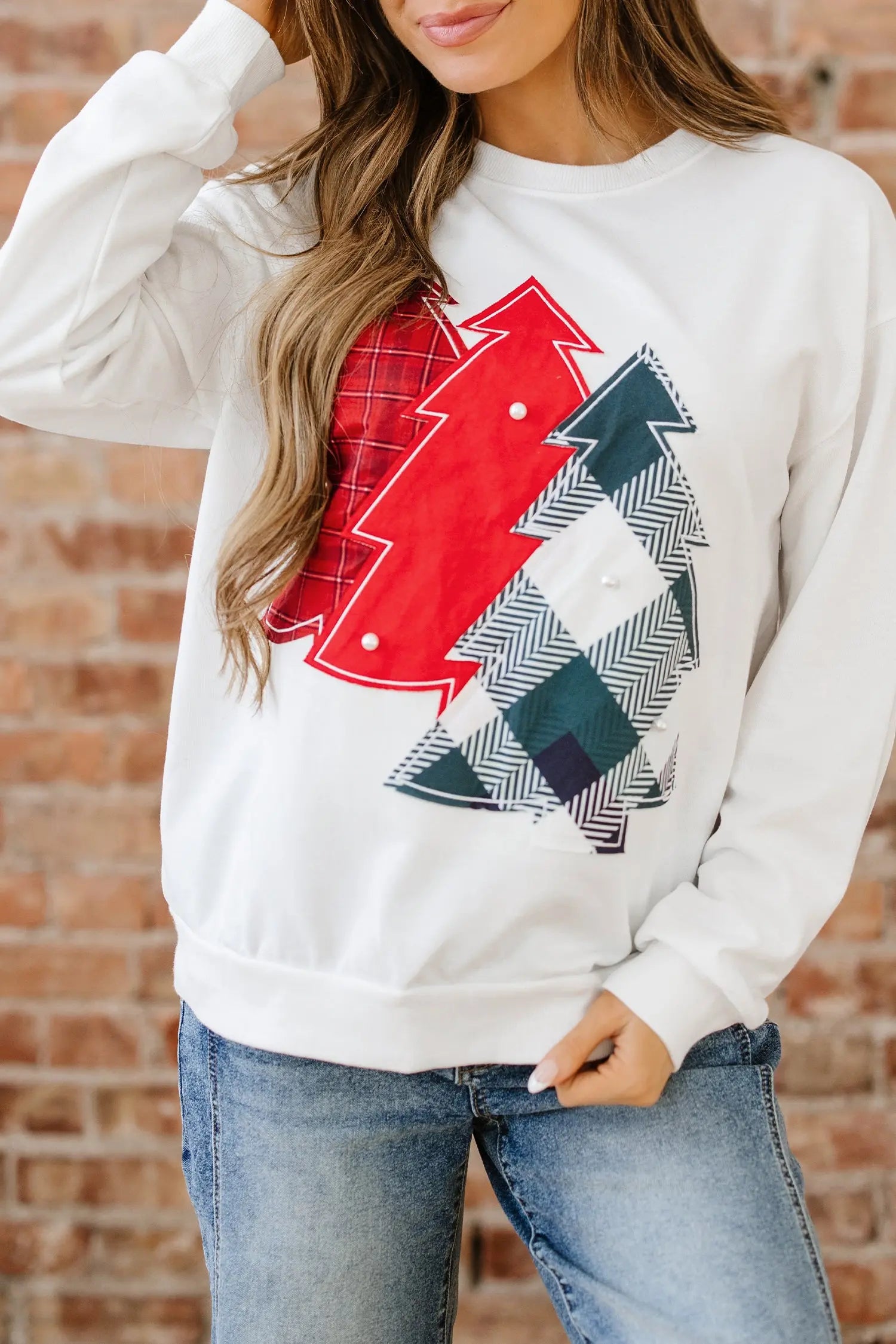 White Pearl Plaid Christmas Tree Patched Drop Shoulder Sweatshirt Dear-Lover Dropshipping