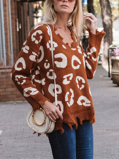 Leopard Frayed Hem Long Sleeve Sweater.