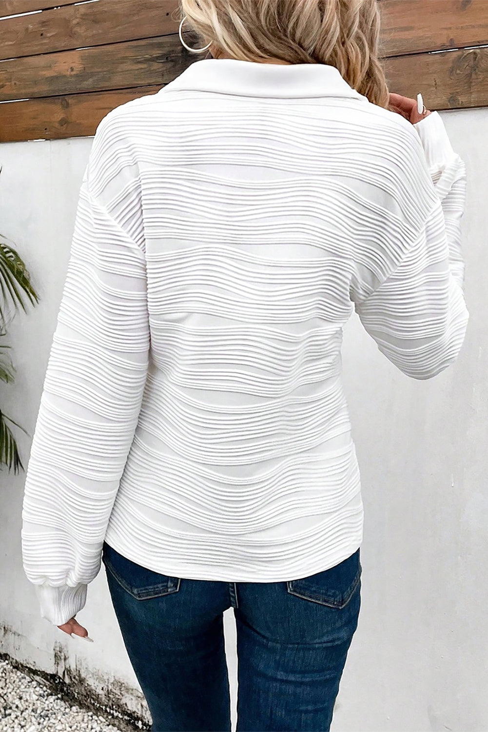 White Solid Color Textured Zip V Neck Pullover Sweatshirt Unisex Casual Everyday Wear Dear-Lover Dropshipping