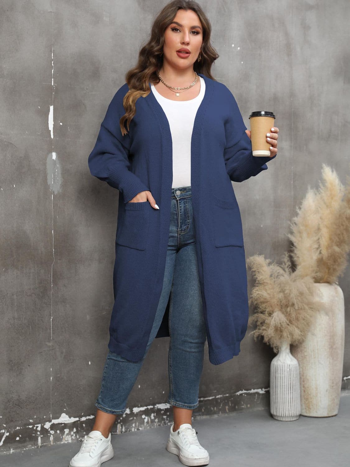 Plus Size Long Sleeve Pocketed Cardigan.