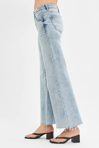 Risen Full Size Tummy Control Low Rise Wide Leg Raw Cut Hem Jeans Plus Size - Love Salve 