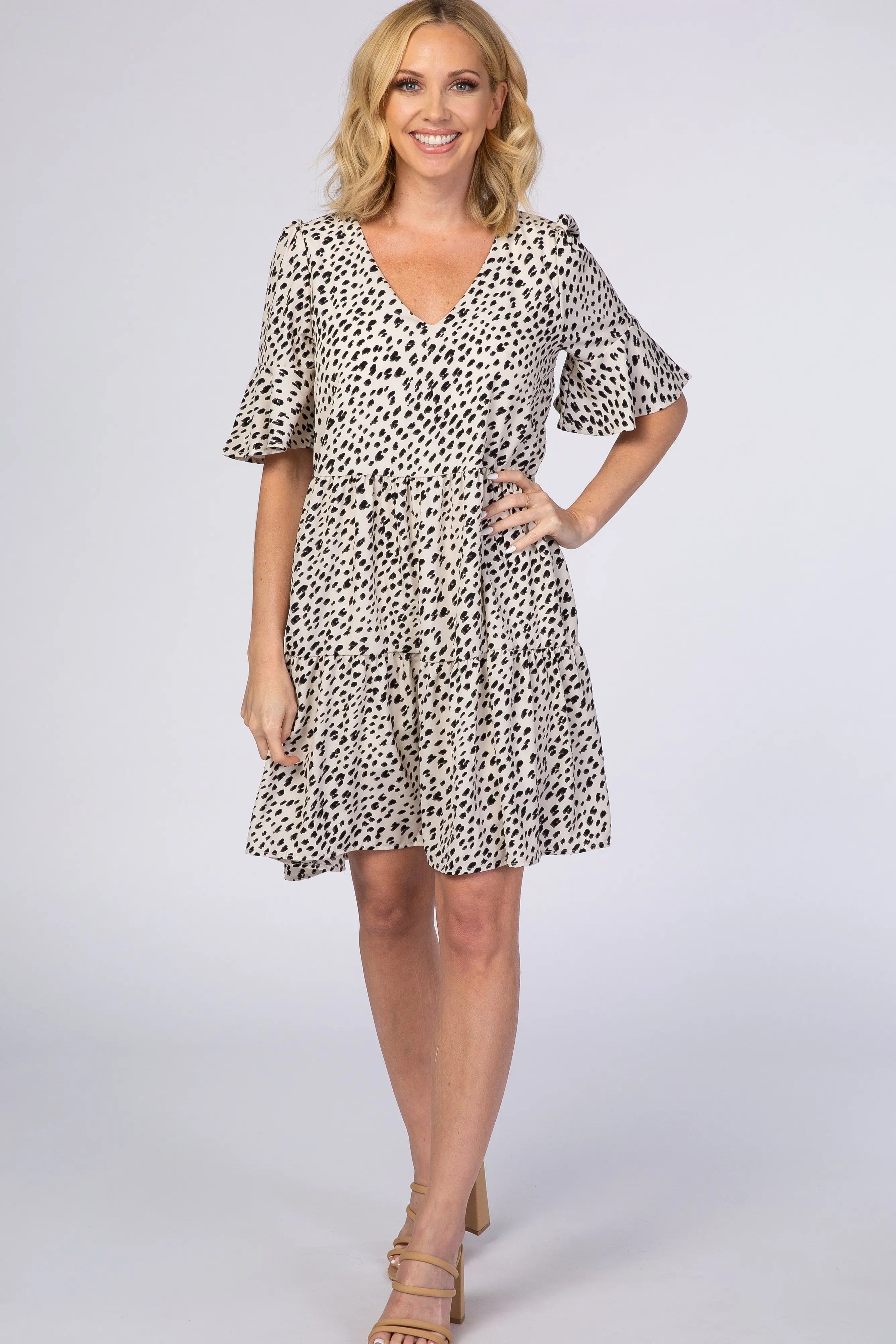 Beige Animal Print Ruffle Sleeve Maternity Dress PinkBlush