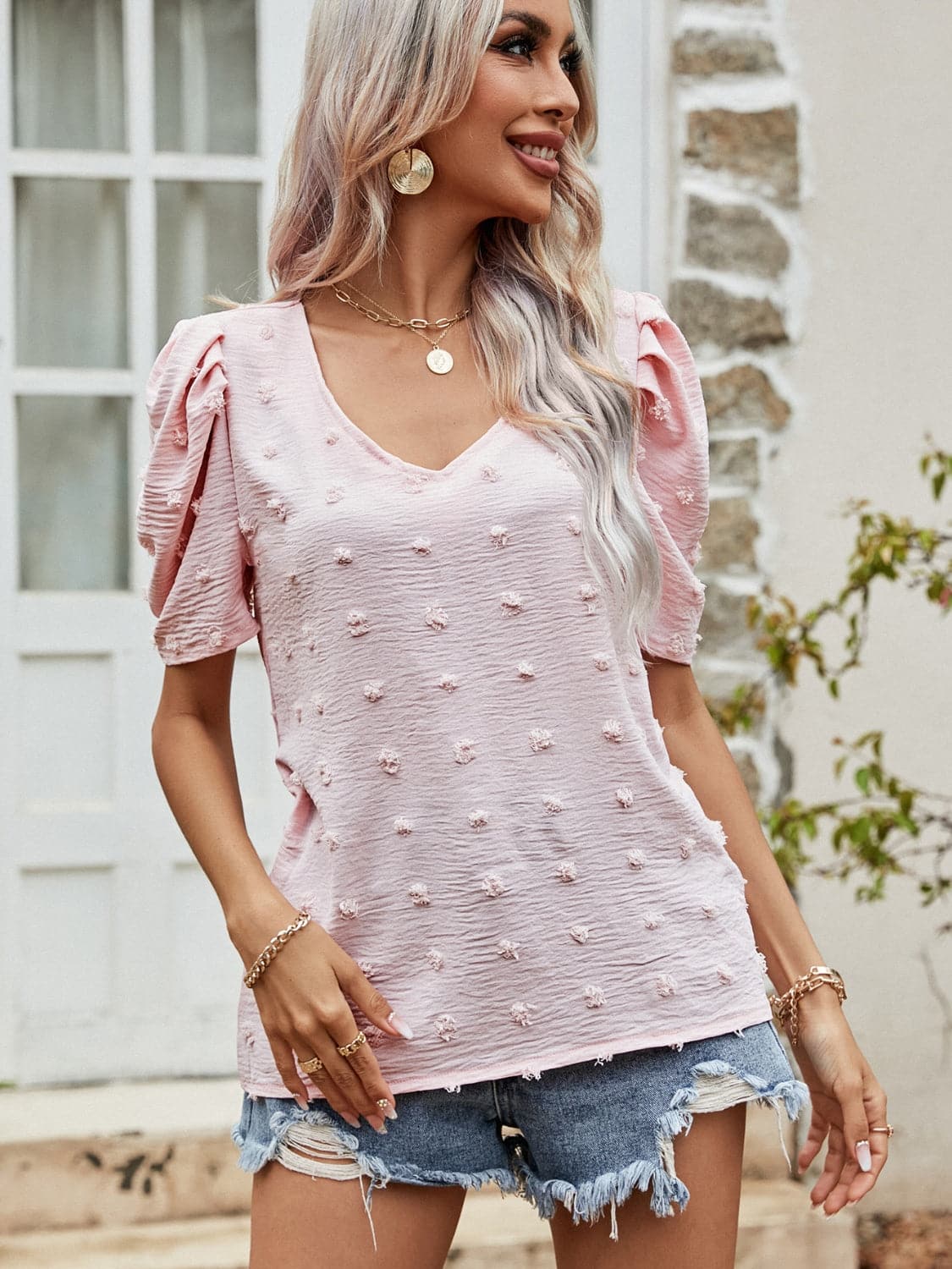 Swiss Dot Short Puff Sleeve Top.