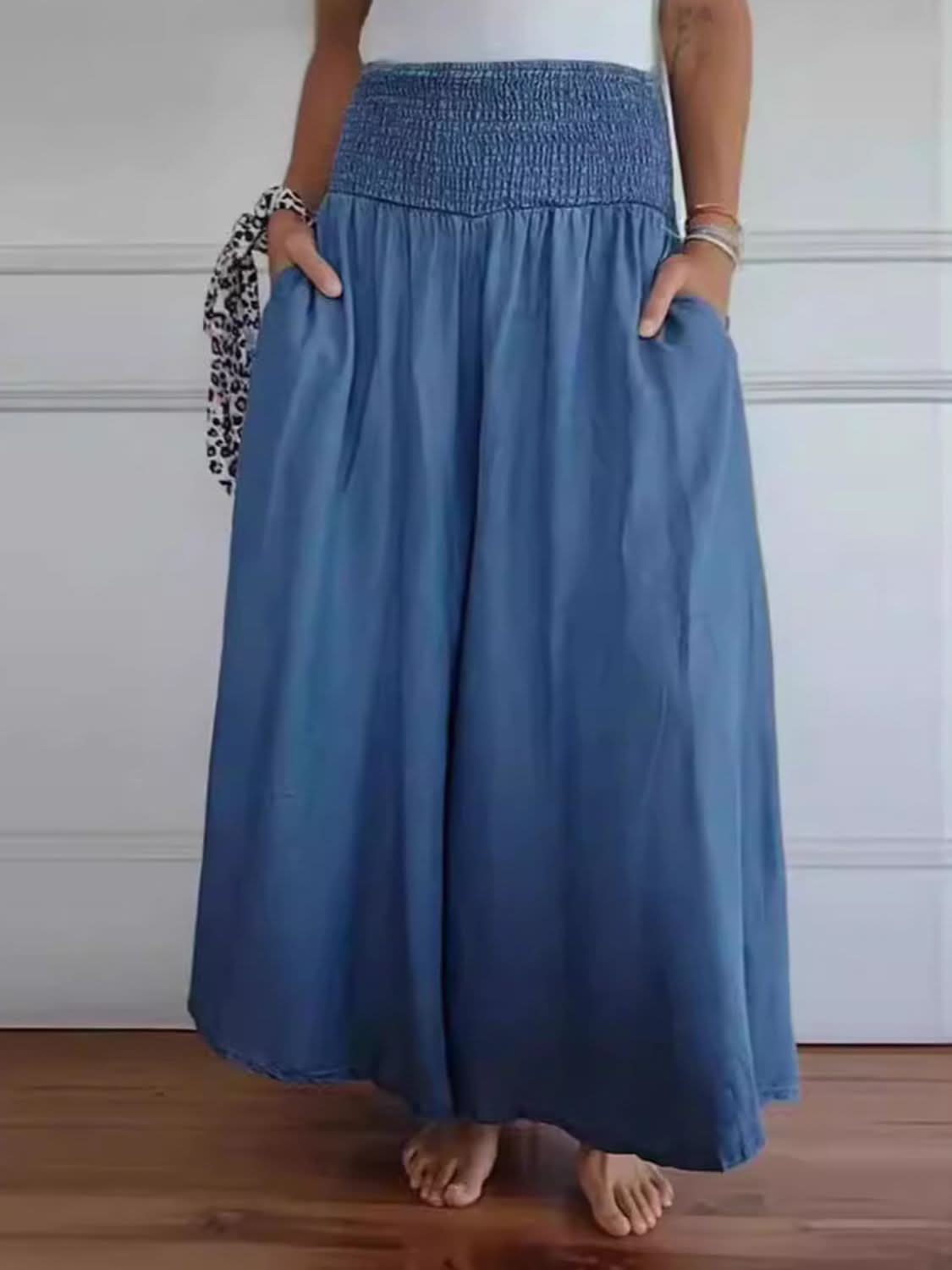 Smocked Wide Leg Pants with Pockets in Full Size