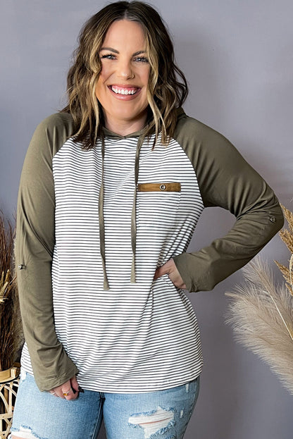 Green striped plus size hoodie with raglan sleeves and buttoned pocket